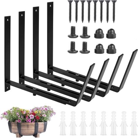 4 Piezas Soportes para Macetero de Ventana, 15 CM - 30 CM Soporte de Macetero Ajustable Gancho de Montaje en Pared para Macetero de Metal Resistente para Vallas de Balcón Patio Jardín Barandillas de P