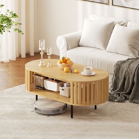 Tavolino ovale da caffè, tavolino da soggiorno con vano contenitore, angoli arrotondati, design a doghe, 100 x 50 x 40 cm, effetto legno naturale (1/5)