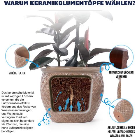 Pot de fleur artisanal en céramique (Ø 23 cm), beige brillant à relief de pièces, respirant, résistant au gel, avec trous de drainage pour plantes d'intérieur et de balcon (1/5)