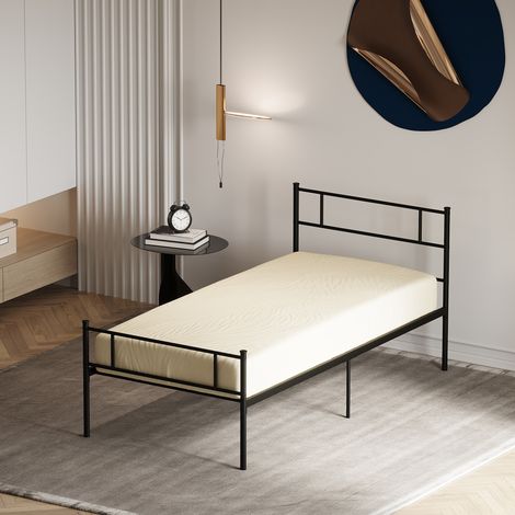 Cadre de lit simple en acier 1x2 m - tête de lit et pied de lit de style industriel - socles simples avec lattes intégrées - noir