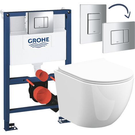 Gloss White Rimless D Shape Wall Hung Toilet with Grohe Rapid 0.82m Low Height Concealed Cistern Frame Set