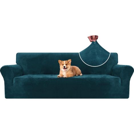 Samt Sofa Überzug 4 Sitzer, elastisch, rutschfest, dunkelgrün (1/5)