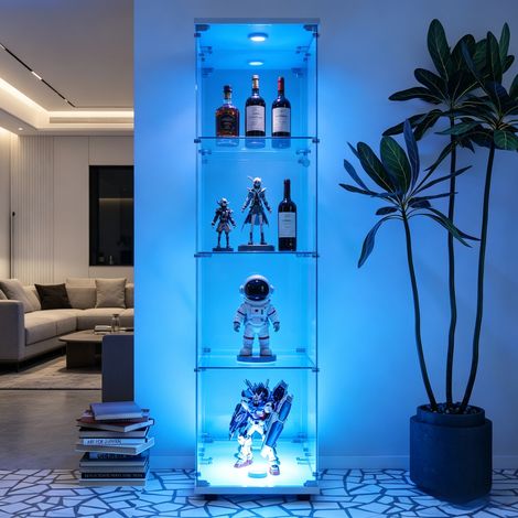 JOOKGBD-Glasvitrine,1 Tür vitrinenschrank 4 Regalen transparent, mit Schloss und LED,Sammlerstücke Glasvitrine,Bücherregal aus Glas,Vertikale Glasvitrine,für Wohnzimmer Schlafzimmer Büro,Weiß