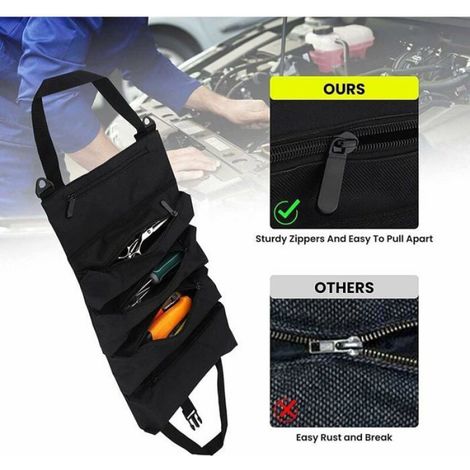 Sac À Outils Enroulable - Tissu Oxford - 5 Poches Zippées - Pour Électriciens Plombiers Mécaniciens - 48x28 5 Cm - Noir - 1 Pièce (1/4)