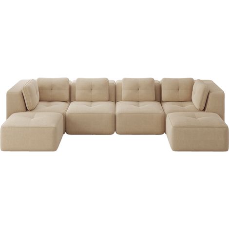 Sofá modular rinconero en U con chaise longue de pana aterciopelada beige MODENUIT
