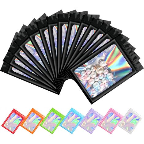 100 Sachets Zip Holographiques, Pochons Zip Mylar (Noir, 10,5x15cm) Pochettes Hermétiques et Thermoscellables, Sacs Aluminium Refermables avec Fenêtre pour Emballage Alimentaire, Accessoires (1/5)
