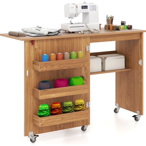 COSTWAY Folding Sewing Table Rolling Craft Station Storage Shelf 3 Hidden Bins Mobile Desk Natural (1/5)