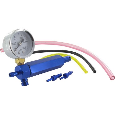 Scatola di controllo tenuta con manometro, adattatore e tubi di diversi diametri per carburatori.