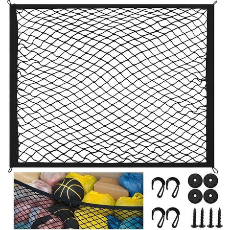 80 x 60cm Filet Coffre Voiture avec 4 Crochets Solides, Filet Rangement Camping Car, Peut Être Étendu Jusqu'À 160x120cm, Organisateur Fixe Bagages Extensible Élastique pour Voitures Plupart (Noir)