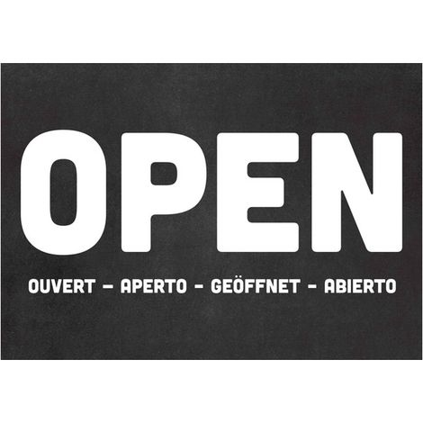 Panneau ardoise "Open - Closed" multilingues en PVC format A5 avec fixation ventouse (fond noir)