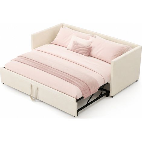 Canapé-lit gigogne 90 x 200 cm extensible en 180 x 200, velours beige avec sommier à lattes, dossier, accoudoirs et gain de place pour chambre d'amis - CHICFURN (1/5)