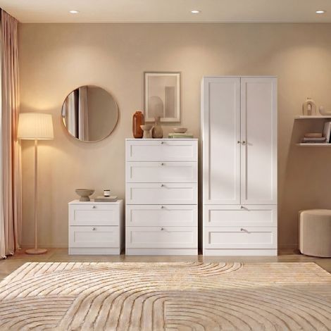 Altino 3 Piece Bedroom Set with 2 Drawer Bedside, 5 Drawer Chest, 2 Door 2 Drawer Wardrobe, White