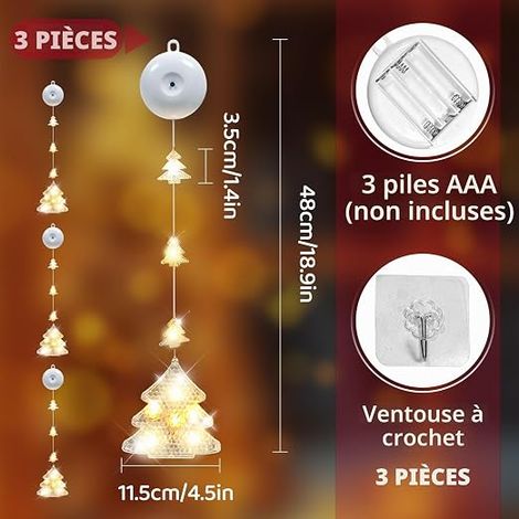Lumière Noël Fenêtre Rideau Lumineux Noel Pile Guirlande Lumineuse Fenêtre LED Nouvel An Halloween Couleurs Chaudes Sapin de Noël (1/4)