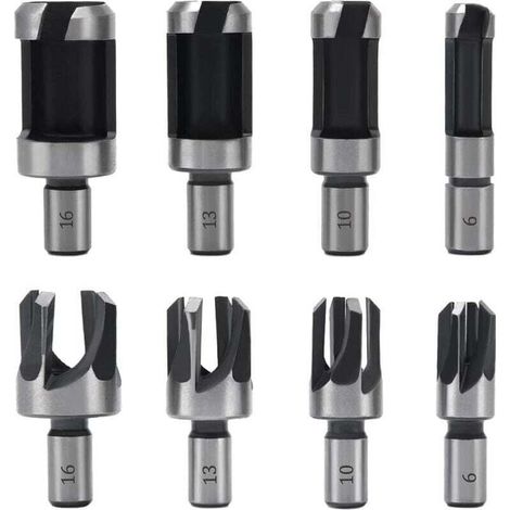 8 Pièces Fraise à Bouchonner Bois, Mèche à Bouchon Bois 6 mm/10 mm/13 mm/16 mm, Acier Carbone Bois Plug Perceuse pour le Travail du Bois, Forets à Bo
