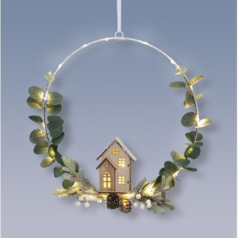 LED Metall Ring mit Häuschen aus Holz zum Aufhängen - 20 LED / 30 cm - Weihnachten Winter Deko Aufhänger beleuchtet Batterie betrieben