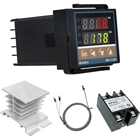 Contrôleur de température numérique PID REX-C100, 0 ℃ 1300 ℃ Kit de contrôle de température intelligent, AC 110 V-240 V, thermostat numérique PID avec relais à semi-conducteurs SSR-40DA, (1/5)