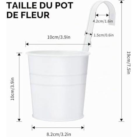 Lot de 10 pots de fleurs suspendus en métal, 10 cm, petits pots de fleurs en métal pour intérieur, extérieur, balcon ou clôture – avec crochet amovible – Blanc (1/4)