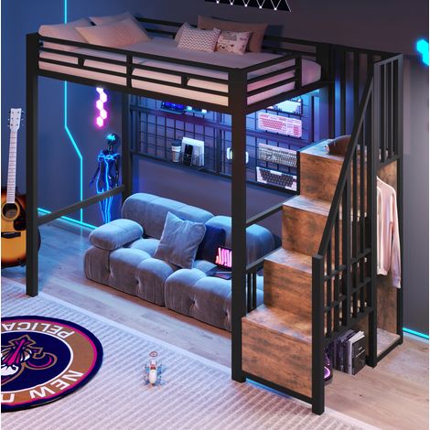 Lit mezzanine 90x200 cm noir en métal et MDF avec armoire-échelle, grille de rangement et LED RGB (1/5)