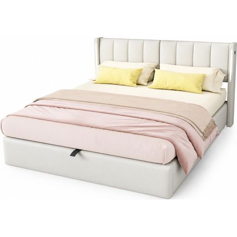 Lit coffre 140x200 cm LED avec port USB rechargeable, tête de lit réglable 3 positions, rangement sous le sommier, blanc en cuir régénéré - CHICFURN (1/5)