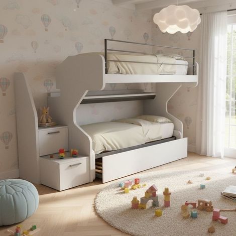 Letto a castello scorrevole con letto estraibile - La soluzione 3 in 1 per la cameretta - Bianco