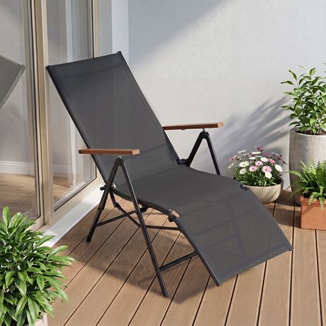 Chaise longue pliante noire en métal avec dossier réglable sur 6 positions et tissu respirant à séchage rapide pour jardin balcon (1/5)