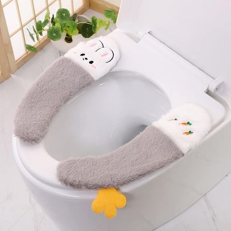 2 paires de housses de siège de toilette, coussin de couverture de toilette épais et collant, joli siège de toilette d'hiver lavable en peluche, coussin de siège de toilette doux (GRAY) (1/5)