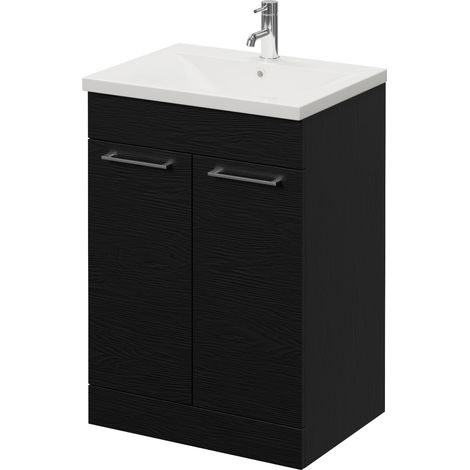 Napoli 460 Nero Oak 600mm 2 Door Vanity Unit with Glide Basin - 600mm - Chrome 160mm Handle