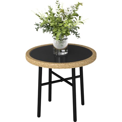 Mesa de centro redonda para exteriores, mesa auxiliar para exteriores en resina trenzada con tablero de vidrio templado, 46x46x43cm, Natural