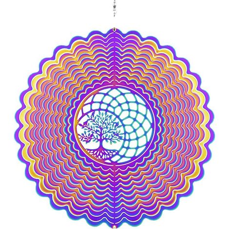 3D-Rotation aus buntem Wind, Schatten des Lebensbaums und Windglocke aus Leichtmetall-Edelstahlspiegel
