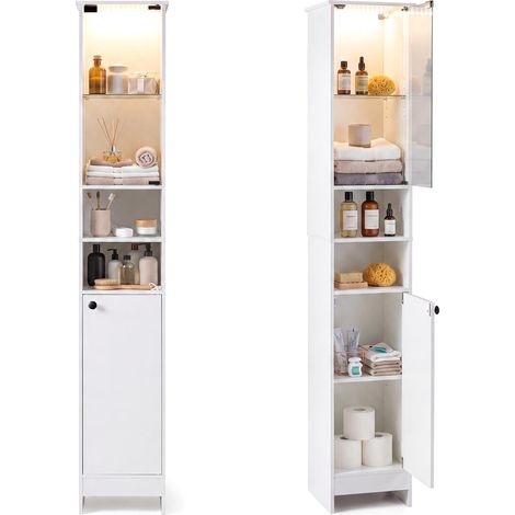 COSTWAY Mobile Alto da Bagno, Mobiletto a Colonna Stretto con Luci LED e Telecomando, Ante in Vetro e Mensole Regolabili, Armadio Salvaspazio a Terra per Soggiorno, 30 x 30 x 170 cm (Bianco) (1/5)