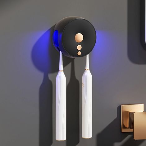 Support de brosse à dents UV stérilisateur - Support de brosse à dents électrique avec fonction de séchage - Support de brosse à dents mural avec deux emplacements pour la famille (noir) (1/5)
