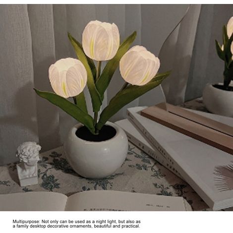 Veilleuse LED Trois Tulipes, Lampe de chevet avec plante artificielle en pot, Cadeau idéal pour une amie, Lampe de table photogénique, Socle en céramique (1/5)