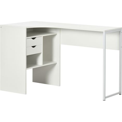 Bureau d'angle, bureau informatique avec 2 tiroirs et 3 compartiments ouverts, 120 x 60 x 74 cm, blanc