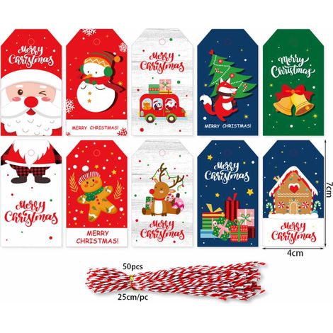Etiquettes Cadeaux Noel - 50 Pièces - 10 Modèles Différents - Pour Emballage Cadeaux et Décorations DIY - Avec Rubans Noël (1/5)