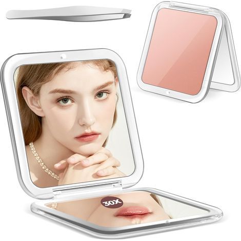 Miroir compact, miroir grossissant 30X, miroir de poche pour sac à main, miroir de maquillage de voyage avec grossissement 30X/1X, miroirs essentiels de voyage, pincettes de précision, cadeau pour fil (1/5)