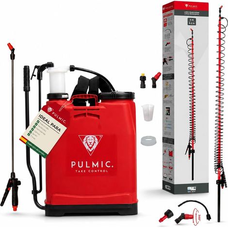 Pulverizador agrícola de mochila PULMIC de 16 L con lanza telescópica de fibra de vidrio de 5 m, bomba manual de alta presión y chorro regulable y orientable (1/5)
