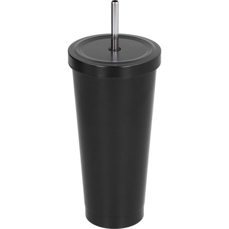 Gobelet isotherme 700 ml en acier inoxydable, double paroi avec paille, noir, idéal pour la maison et le bureau. (1/5)