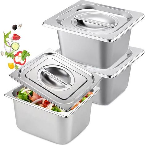 Lot De 3 Récipient Gastronorme, Bac Inox Alimentaire Avec Couvercle, Plat Four Inox Plat Inox Barbecue,Pour Fromage, Viande, Argent (1/5)