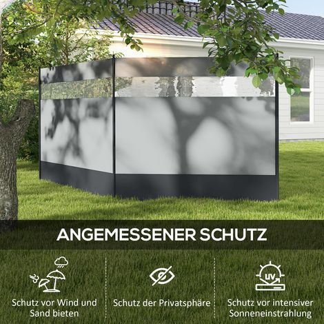 Pare-vent gris avec hublot transparent, poteaux métalliques, 440x140 cm, sac de rangement inclus