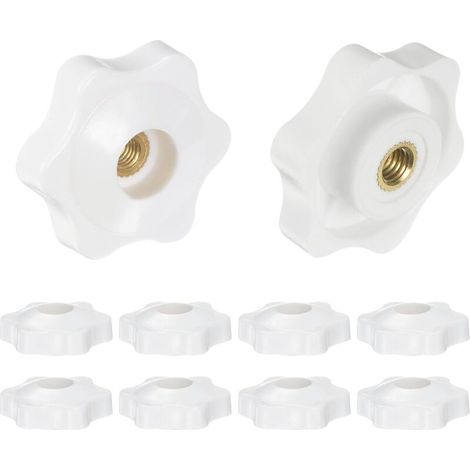 10 pomelli a stella, filettatura interna M5, 32 mm, testa in plastica, maniglie di serraggio in ottone avvitabili con foro passante, maniglie filettate, bianco (1/5)