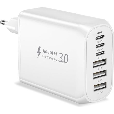Chargeur USB C, 60W 6 Port Prise Chargeur Rapide Phone Multiprise USB C Multi Secteur USB C PD+QC Prise USB C pour Phone 17 16 15 14 13 12 11 Pro Max XS XR 8, iPad, S26 S25 S24 S23, Google (1/5)