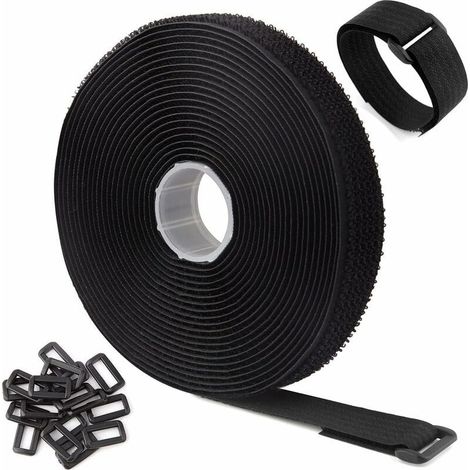 m verstellbare Kabelbinder mit 25 Schlaufen, wiederverwendbare schwarze Kabelbinder, Klettverschluss-Kabelmanagementband (5 m x 2 cm, Schwarz) longziming (1/5)