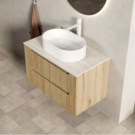 Meuble vasque suspendu 80 cm avec lavabo ovale blanc, plateau en pierre frittée, chêne clair (1/5)