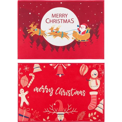 2pcs Tapis Porte d'Entrée Paillasson de Noël Tapis de Sol Rouge Design Merry Christmas Traîneau du Père Noël Décoration Intérieur Extérieurs Maison Chambre pour Bain Cuisine Salon Fête Noël (1/3)