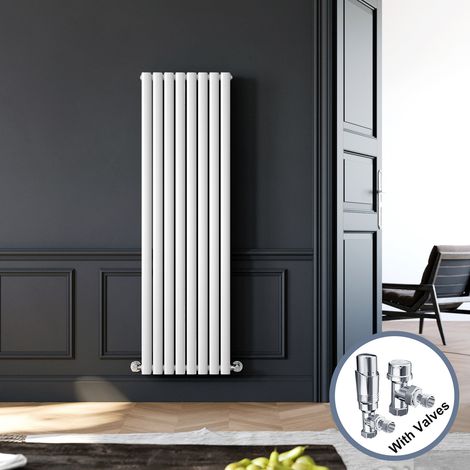 ELEGANT 1600 x 480 mm White Vertical Column Radiator Double Oval Panel Designer Bathroom Rads + Chrome Thermostatic Radiator Valves (1/5)