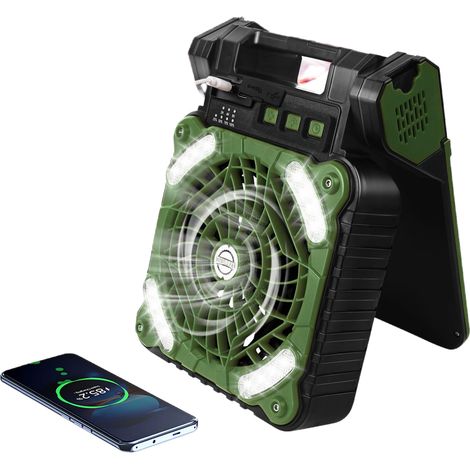 Ventilateur de camping solaire avec lanterne LED et USB-C – Ventilateur de bureau 4 en 1 à 90°, 4 ventilateurs de refroidissement pour zone, bureau, chambre à coucher et extérieur (1/5)