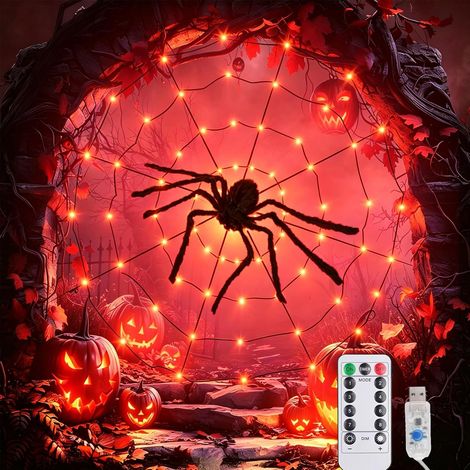Guirlande lumineuse en toile d'araignée pour Halloween, 8 modes, 70 LED, décoration d'Halloween, toile d'araignée, alimentée par USB, avec minuterie, décoration pour cour, jardin, extérieur (1/5)