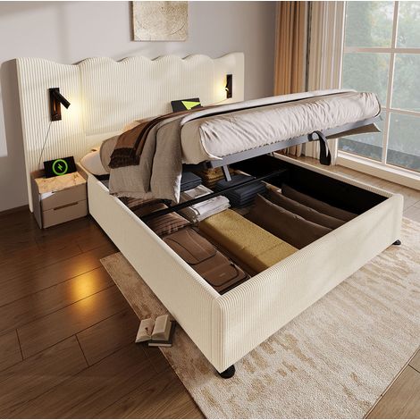 Polsterbett 180/200 cm beige-weiß aus Cord mit Stauraum, Leselampe und USB-C (1/5)