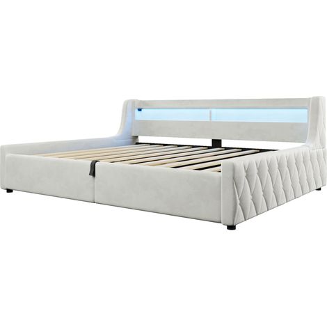 Lit coffre 140 x 200 cm en flanelle beige avec tête de lit LED et rangement hydraulique - MODENUIT (1/5)