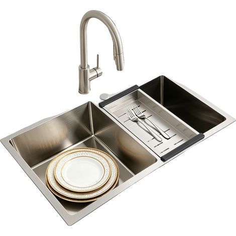 Évier de cuisine à double cuve, cuve de 14,72 x 14,96 pouces, cuve de 12,99 x 12,99 pouces, matériau en acier inoxydable, installation sous plan/plan de travail, 2 cuves (1/5)